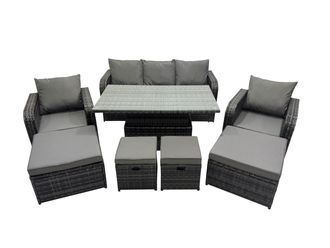 Fimous Rattan Garden Furniture Dining Set 8-seater with 4 Footstools in Dark Grey