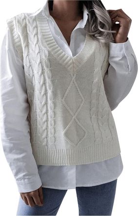 Generic Womens Casual Oversized V-Neck Sweater Vests Vintage Sleeveless Jumper Tops Cable Knitted Knitwear Waistcoat White