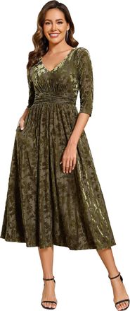 Ever-pretty Women Dress Velvet Jacquard Wedding Guest Midi Dress with Deep V and 3/4 Sleeves Olive Green 22UK