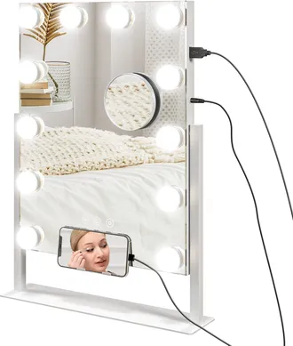 HOMCOM Hollywood Lighted Makeup Mirror With Magnifier - USB Port - Phone Holder | TJ Hughes White