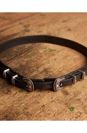 Fortela Tasia Leather Belt with Double Buckle in Black at Nordstrom, Size 80