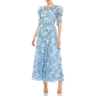 Mac Duggal Applique High Neck Puff Sleeve A Line Dress in French Blue at Nordstrom, Size 10