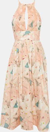 Elisabetta Franchi Pink Printed Cotton Lace Inserts Midi Dress