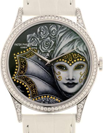 Patek Philippe Calatrava Rare Handcrafts Automatic Diamond Black Dial Ladies Watch 5077-100G-030