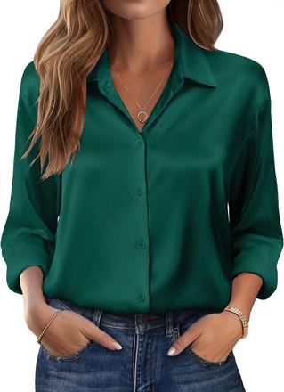 Zeagoo Ladies Satin Blouse Elegant V-Neck Shirts Casual Work Tops with Buttons Shirt Long Sleeve Shirt Unicoloured Tops Shiny Loose Blouses Dark Green L