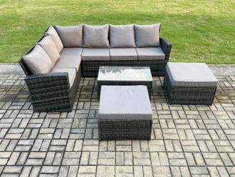 Fimous 8 Seater High Back Outdoor Garden Furniture Set Rattan Corner Sofa Set With Big Footstool Dark Grey Mixed