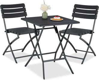 Relaxdays Relaxdays - Juego Muebles De Balc&oacute;n, Conjunto Mesa Y 2 Sillas De Jard&iacute;n, Plegable, Efecto Madera, Acero Y Pl&aacute;stico, Negro