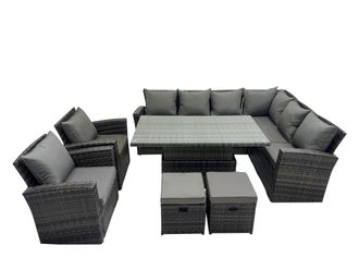 Fimous 10 Seat Rattan Garden Furniture Corner Sofa Set with 2 Small Footstool in Dark Grey