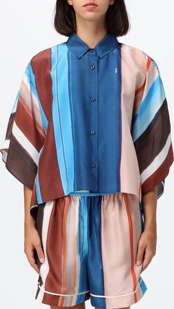 Fendi Camicia cropped in seta con stampa a righe multicolor e spalle scese