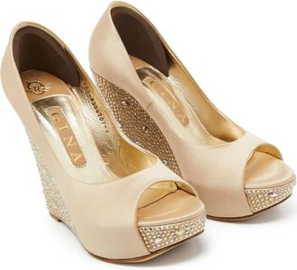 Gina pre-owned 125mm satin peep-toe wedge heels - Neutrals