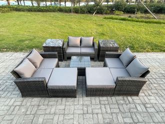Fimous Outdoor Lounge Sofa Set Wicker PE Rattan Garden Furniture Set with Square Coffee Table Double Seat Sofa Big Footstool in Dark Grey