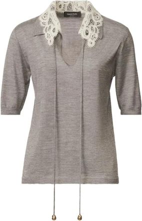 Fabiana Filippi Grijze Kant Kraag Korte Mouw Top - Dames - Polos - Grijs - S - Tops