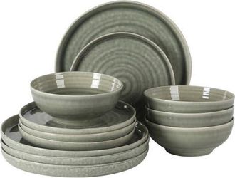 Gibson Home Eclipse Swirls 12-Piece Reactive Glaze Stoneware Dinnerware Set in Taupe at Nordstrom