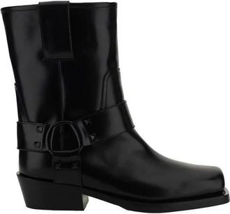 Valentino Garavani Leren Bikerlaarzen met Gespbanden - Dames - Enkellaarsjes - Zwart - 38 1/2 EU - Schoenen