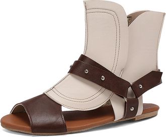 Generic Eestfy Womens Gladiator Sandal Boots Flat Peep Toe Two Tone Leather Ankle Boot Sandals Vintage Summer Flats with Side Zipper for Urban Commute & Casua