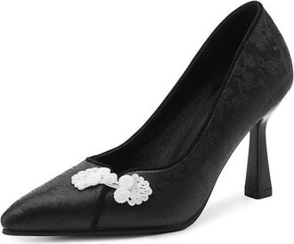 Generic Womens Pointed Toe Pumps Lace Flower Embellishment Textured Upper Slim Heel Closed Toe Lightweight Comfortable Shoes for Fashion Party,Black,3.5 UK