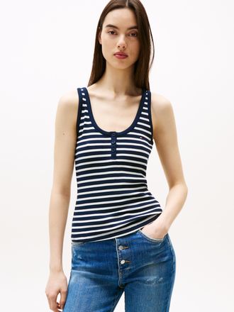 Tommy Jeans T-Shirt TOMMY JEANS TJW SLIM HENLEY WAFFLE TANK, Damen, Gr. XS (34), blau (schwarz night navy, stripe), Single Jersey, Obermaterial: 58% Baumwolle, 39