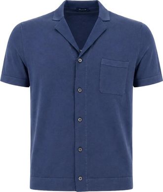 Drumohr Ribbed Short Sleeve Shirt - Heren - Korte mouwen Overhemden - Blauw - M - Katoen - Overhemden