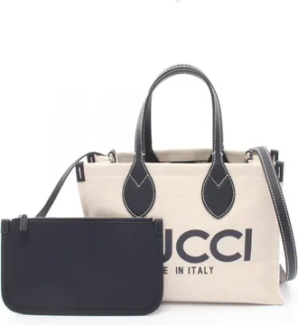 Gucci Navy White Canvas Leather Handbag Pouch Tote Bag (Pre-Owned)