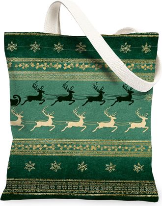 Generic Christmas Reindeer Canvas Tote Bags, Stylish Holiday Design Lightweight Washable Shoulder Strap Canvas Bags for Grocery Shopping, Travel, Beach, Outdo
