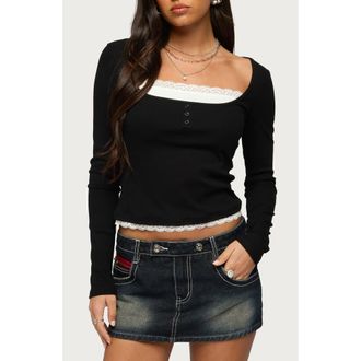 Edikted Joana Layered Lacy Henley Top in Black at Nordstrom, Size X-Large