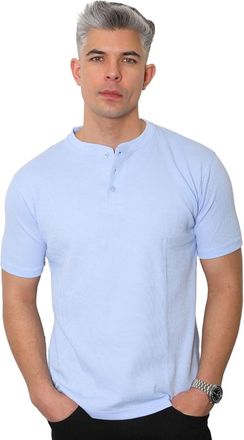 Generic Mens Waffle Knit Henley T-Shirt, Short Sleeve, Cotton-Polyester Blend, Regular Fit, Crew Neck (UK, Alpha, 3XL, Regular, Regular, Sky)