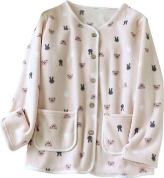 Generic Womens Print Fleece Pyjamas Christmas Lapel Fluffy Soft Sleepwear Button Down Coats Sleep Short Double Teddy Bear Bed Jackets Sleeping Velvet Bedjacke