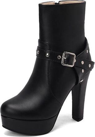Generic Womens Studded Buckle Ankle Boots PU Leather Round Toe High Block Heels Platform Zip Closure Stylish Durable Comfortable Design,Black,8.5 UK