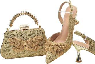 Generic Shoes And Bag Set For Women Wedding Pointed Toe Pumps High Heel Rhinestones Party Shoe And Bag Set