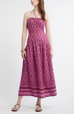 Treasure & Bond Halter Neck Drop Waist Linen Blend Maxi Dress in Pink- Burgundy Diamond Ikat at Nordstrom, Size Xx-Small