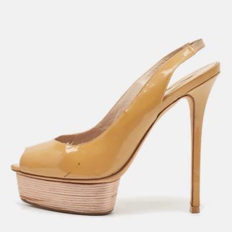 Le Silla Beige Patent Leather Slingback Platform Sandals