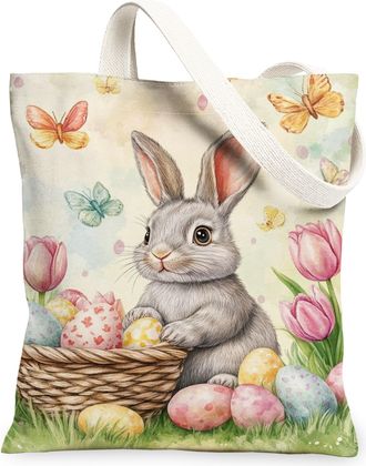 Generic Easter Floral Canvas Tote Bags, Spring Bunny and Flower Pattern Reusable Grocery Bags, Vintage Lightweight Washable Shoulde, Multi-color, 13x15 Inch
