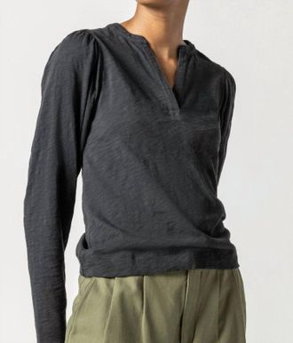 Lilla P Shirred Long Sleeve Split Neck Top In Black