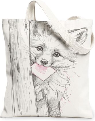 Generic Artistic Fox Canvas Tote Bags, Animal Sketch Design Reusable Shopping Bags, Lightweight Washable Tote for Travel, Gym, Out, White, 13x15 Inch
