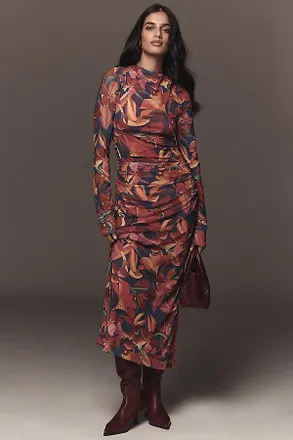 Farm Rio Long-Sleeve Mock-Neck Mesh Slim Midi Dress