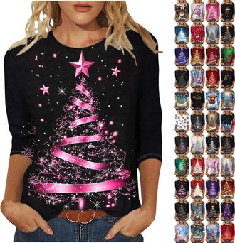 Generic Christmas T Shirts Women Light Up Christmas Tree Printed Ugly Tops Oversized 3/4 Sleeve Pullover Tunic Tees Sparkly Xmas Graphic Shirt Novelty Casual 