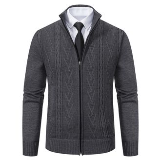 Generic Fleece Jacket Mens Full Zip Knitted Cardigan Thick Sweater Stand Collar Fleece Lined Winter Jumpers Long Sleeve Warm Coat, Z01-Dark Gray, L