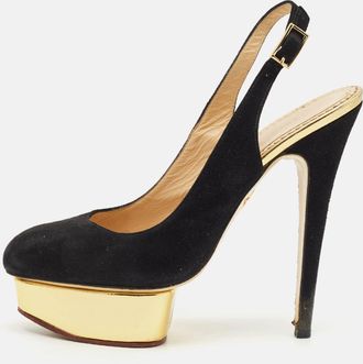 Charlotte Olympia Black Suede Dolly Platform Slingback Pumps