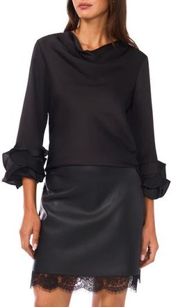 Vince Camuto Tiered Ruffle Sleeve Satin Top in Rich Black at Nordstrom, Size X-Large