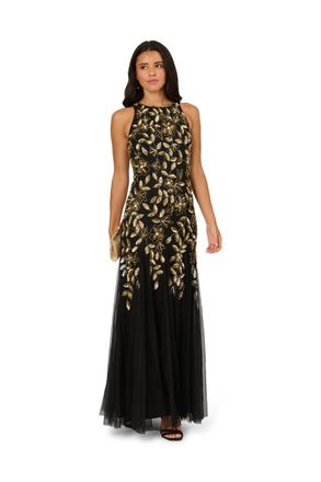 Adrianna Papell Womens Halter Bead Godet Dress - Black - Size 6 UK