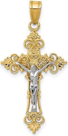 Diamond2Deal 14k Two-tone Gold Medium Lacy-Edge Inri Crucifix Pendant