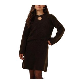 Selected Kleedjes, Dames, Bruin, XL, Wol, Slflulu Brushed LS Knit Keyhole O-Neck