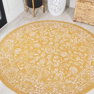 Jonathan Y Designs Tela Bohemian Textured Weave Floral Indoor/Outdoor Round Area Rug in Yellow/cream at Nordstrom, Size 5Ft 0In X 5Ft 0In