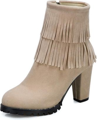 Generic Womens Elegant Double Fringe Almond Toe Soild Color Ankle Boots Block Heels Zip Up Western Winter Shoes (Beige,5.5)