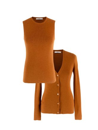 Prada Rust Silk And Cashmere Blend Top And Cardigan Set Size XXS