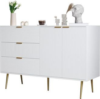 STILVORA Aparador Con 2 Puertas, 3 Cajones Y Estantes Interiores, Relieve Ondulado, Estilo Moderno, En Mdf, Blanco+oro, 120&times;38&times;80,5 Cm