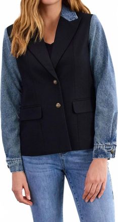 FDJ Mixed Media Long Sleeve Blazer In Blue Jean/black