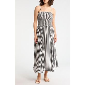 Boho Me Stripe Smocked Cover-Up Midi Dress in Black at Nordstrom Rack, Size X-Large