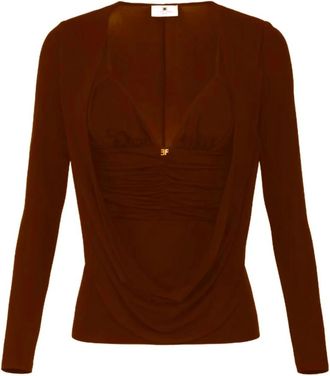 Elisabetta Franchi V-neck Knitwear, female, Brown, Size: S Maglia in jersey cr&ecirc;pe con log