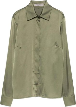 D.exterior Klassiek-kraag satijnen overhemd - Dames - Overhemden - Groen - M - Satijn - Overhemden